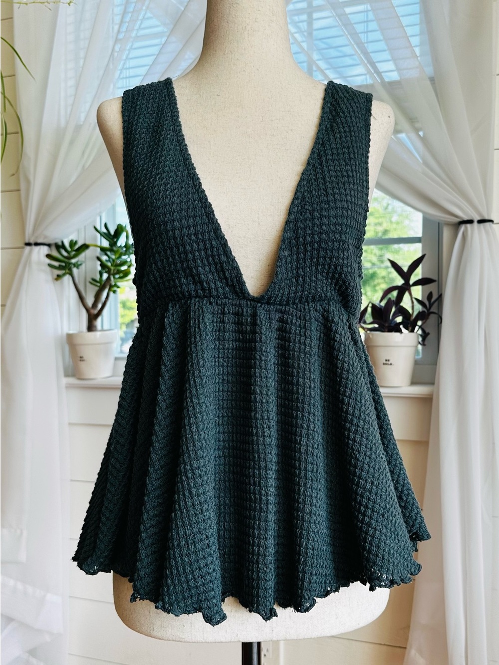 Anama Dark Teal Double V-Neck Waffle Knit Peplum Babydoll Top. 
Size Small